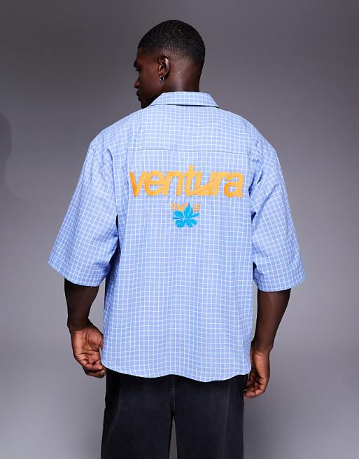 DESIGN Oversized Shirt In Blue Check With Back Embroidery