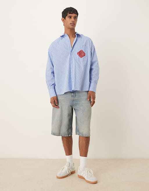 DESIGN Oversized Shirt In Blue Stripe With Chest Embroidery