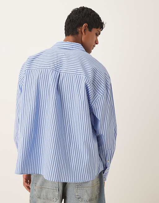 DESIGN Oversized Shirt In Blue Stripe With Chest Embroidery