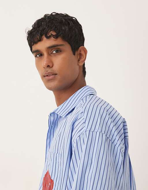 DESIGN Oversized Shirt In Blue Stripe With Chest Embroidery