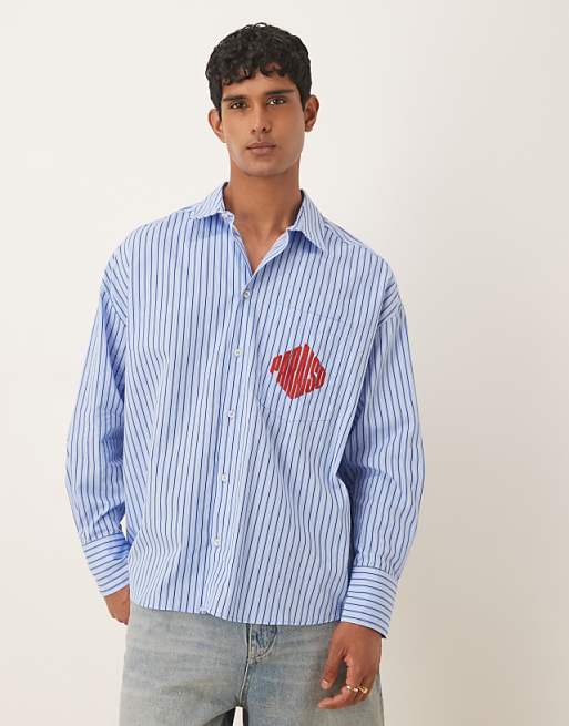 DESIGN oversized shirt in blue stripe with chest embroidery