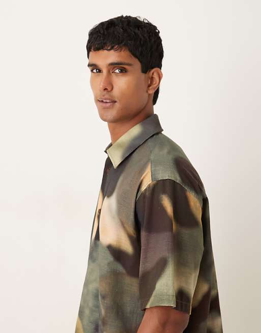 DESIGN Oversized Shirt In Khaki Abstract Print