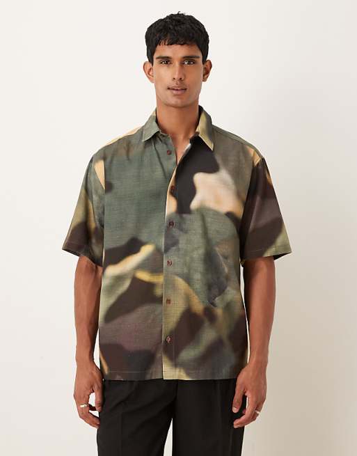 DESIGN oversized shirt in khaki abstract print