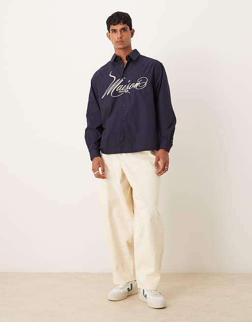 DESIGN Oversized Shirt With Chest Embroidery In Navy Cotton Poplin