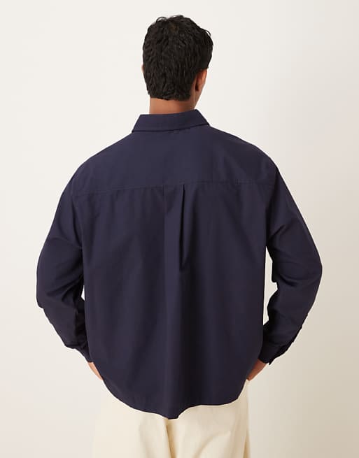 DESIGN Oversized Shirt With Chest Embroidery In Navy Cotton Poplin