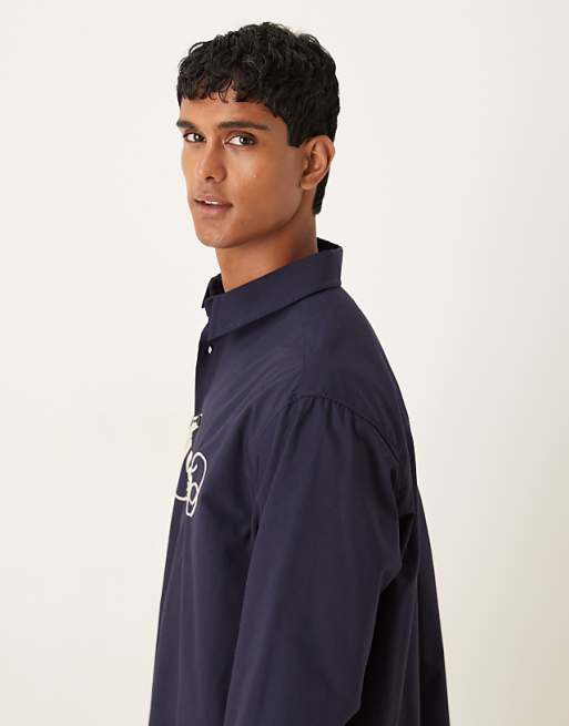 DESIGN Oversized Shirt With Chest Embroidery In Navy Cotton Poplin