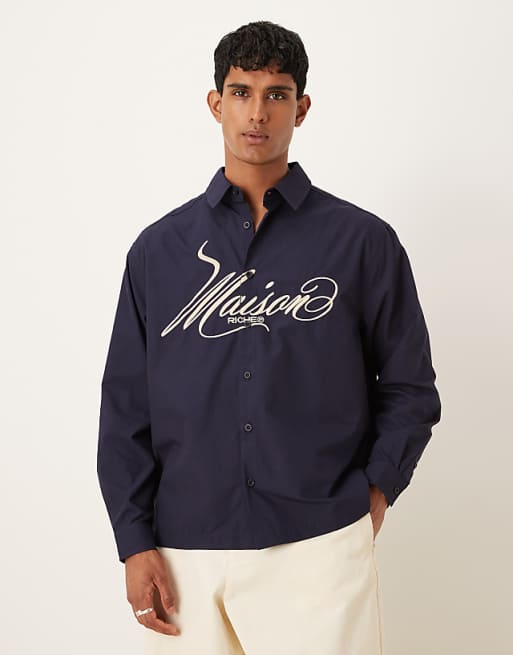 DESIGN oversized shirt with chest embroidery in navy cotton poplin