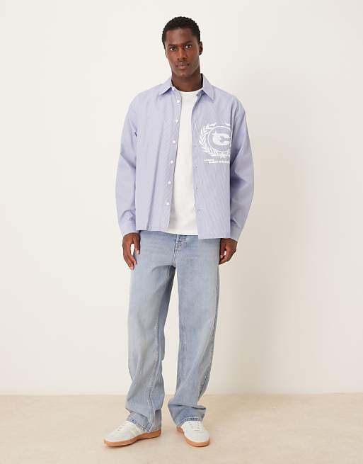 DESIGN Oversized Shirt With Chest Print In Blue And White Stripe