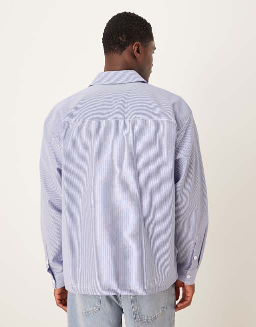 DESIGN Oversized Shirt With Chest Print In Blue And White Stripe