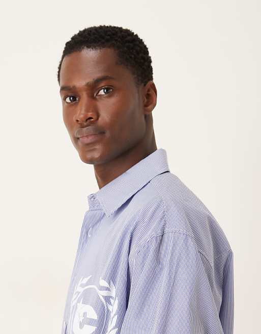 DESIGN Oversized Shirt With Chest Print In Blue And White Stripe