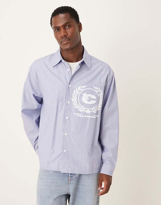 DESIGN oversized shirt with chest print in blue and white stripe