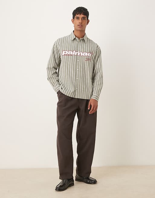 DESIGN Oversized Shirt With Chest Print In Green And White Stripe