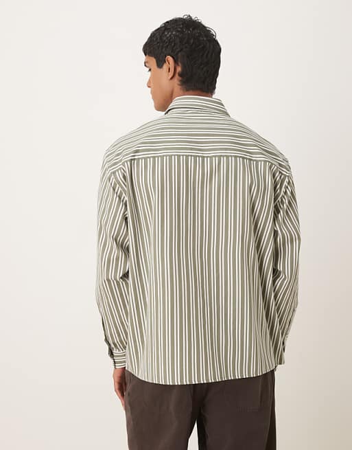 DESIGN Oversized Shirt With Chest Print In Green And White Stripe