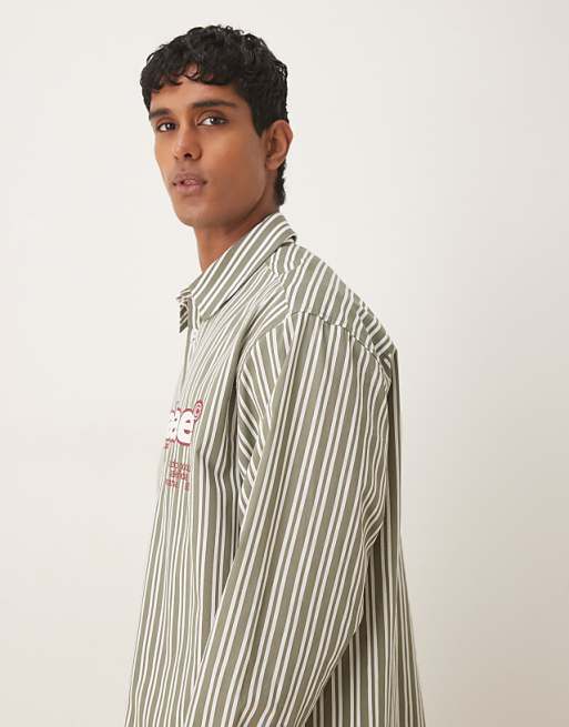DESIGN Oversized Shirt With Chest Print In Green And White Stripe