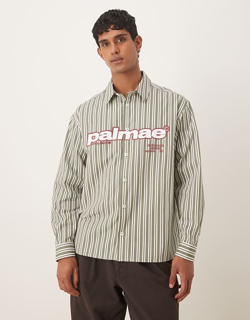 DESIGN oversized shirt with chest print in green and white stripe