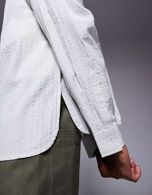 DESIGN Oversized Shirt With Curved Split Hem In Ecru Jacquard