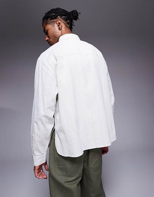 DESIGN Oversized Shirt With Curved Split Hem In Ecru Jacquard