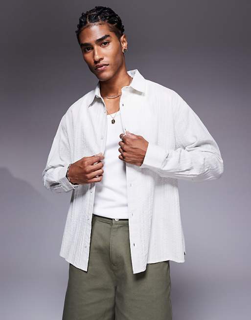 DESIGN oversized shirt with curved split hem in ecru jacquard