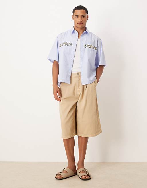 DESIGN Oversized Shirt With Embroidery In Blue Stripe