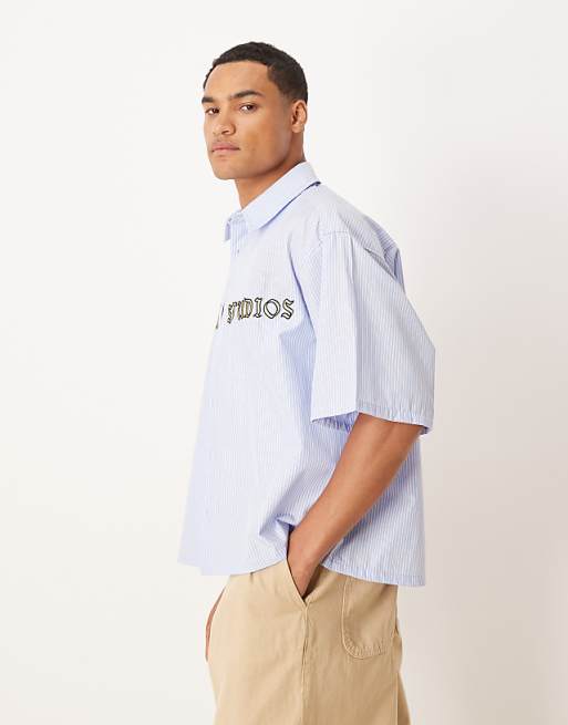 DESIGN Oversized Shirt With Embroidery In Blue Stripe