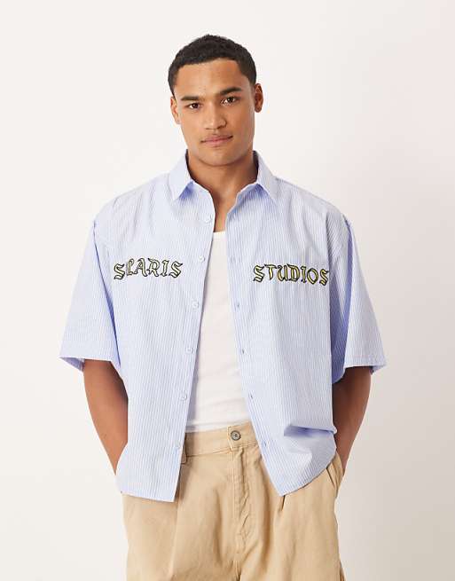 DESIGN oversized shirt with embroidery in blue stripe