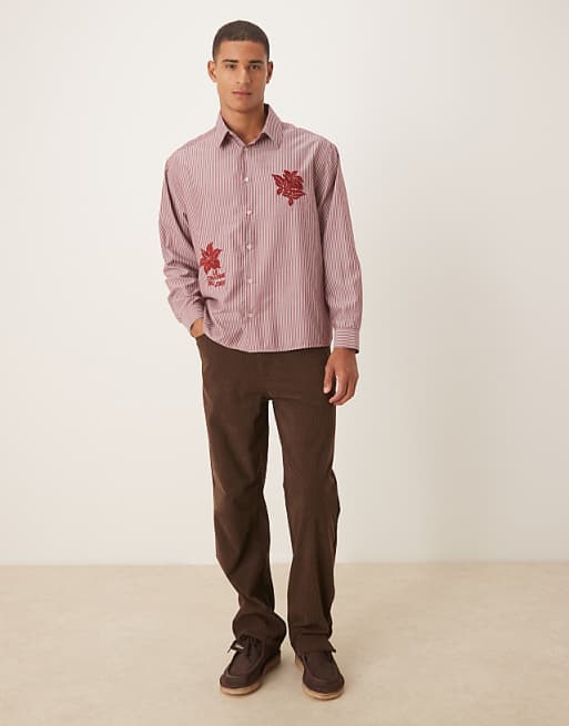 DESIGN Oversized Shirt With Floral Embroidery Detail In Burgundy Stripe Poplin