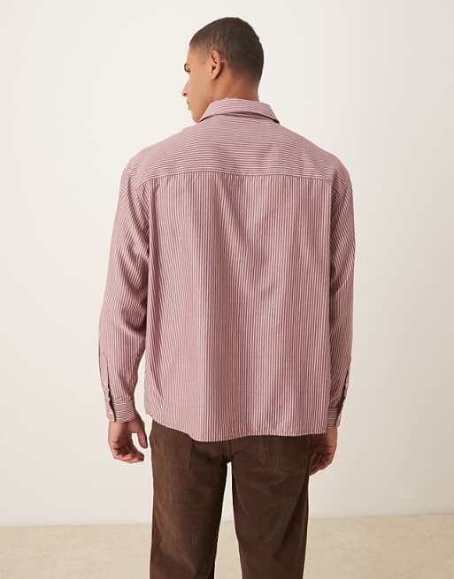 DESIGN Oversized Shirt With Floral Embroidery Detail In Burgundy Stripe Poplin