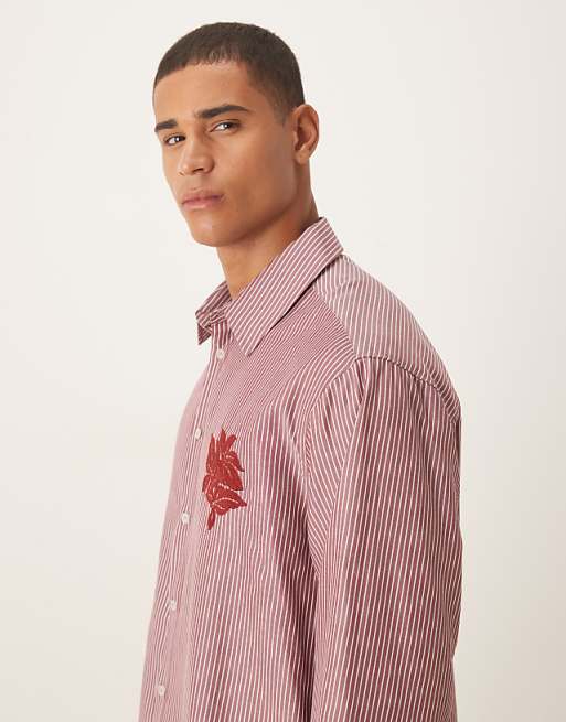 DESIGN Oversized Shirt With Floral Embroidery Detail In Burgundy Stripe Poplin