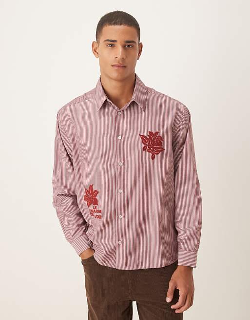 DESIGN oversized shirt with floral embroidery detail in burgundy stripe poplin