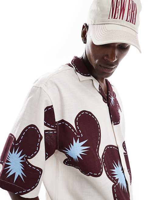 DESIGN Oversized Shirt With Half Sleeve In Cream Flower Print