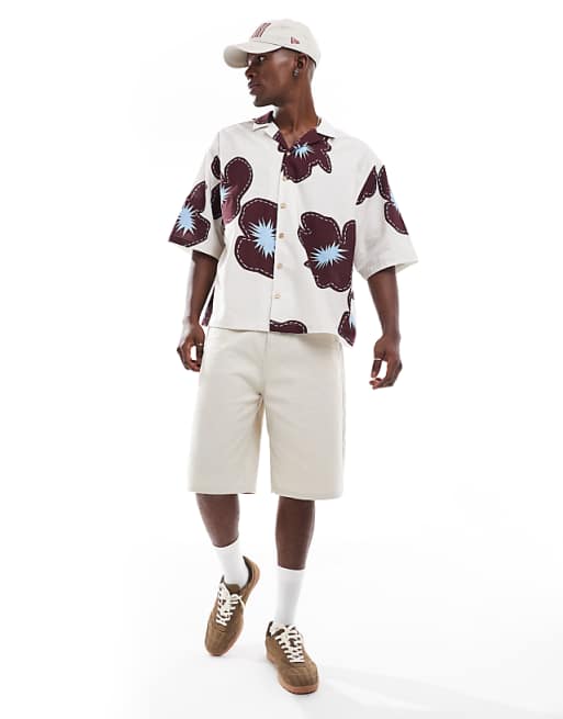 DESIGN Oversized Shirt With Half Sleeve In Cream Flower Print
