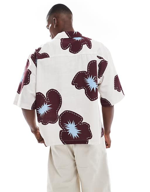 DESIGN Oversized Shirt With Half Sleeve In Cream Flower Print