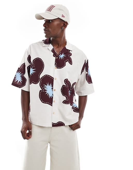 DESIGN oversized shirt with half sleeve in cream flower print