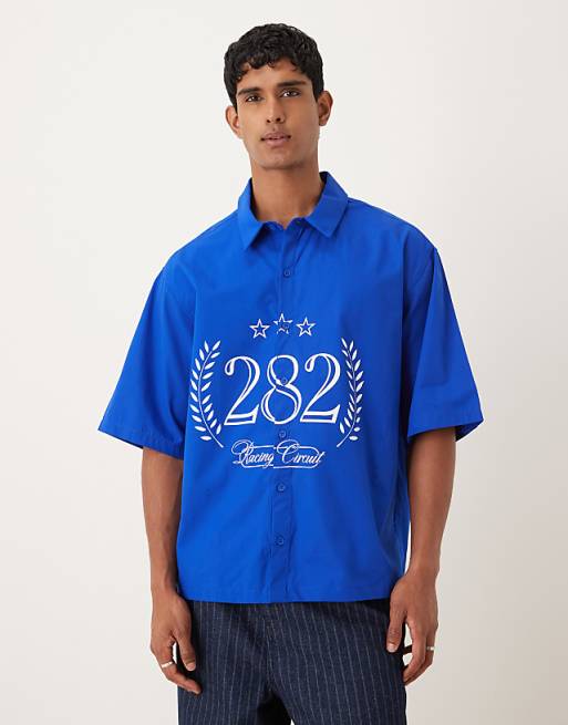 DESIGN oversized shirt with print detail in blue