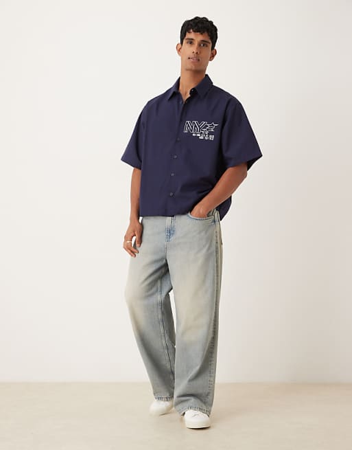 DESIGN Oversized Shirt With Print Detail In Navy