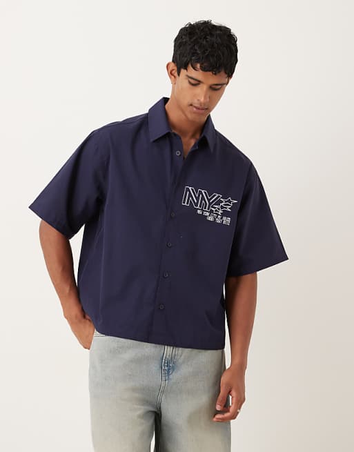 DESIGN oversized shirt with print detail in navy