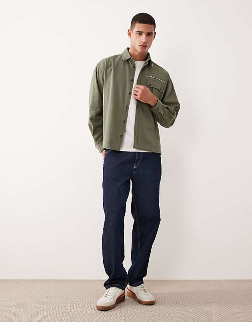 DESIGN Oversized Shirt With Zip Detail In Khaki Twill