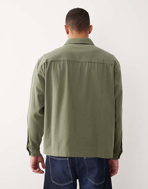 DESIGN Oversized Shirt With Zip Detail In Khaki Twill
