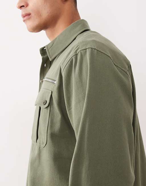 DESIGN Oversized Shirt With Zip Detail In Khaki Twill