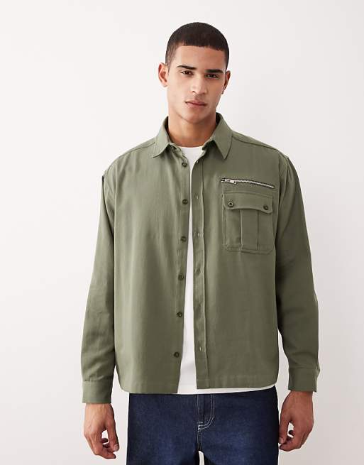 DESIGN oversized shirt with zip detail in khaki twill