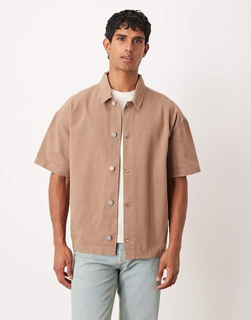 DESIGN oversized short sleeve shirt in brown