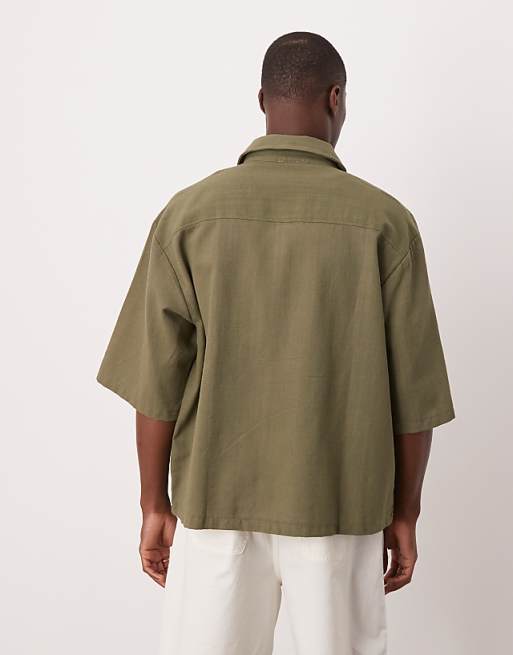 DESIGN Oversized Short Sleeved Shirt With Chest Embroidery Detail In Khaki Linen Look