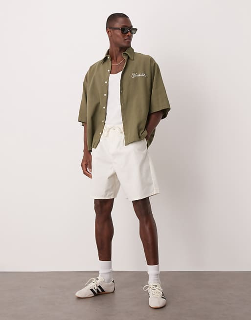 DESIGN Oversized Short Sleeved Shirt With Chest Embroidery Detail In Khaki Linen Look
