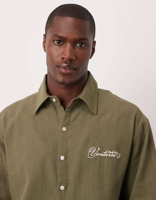 DESIGN Oversized Short Sleeved Shirt With Chest Embroidery Detail In Khaki Linen Look