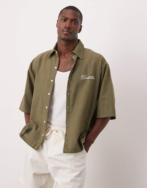 DESIGN oversized short sleeved shirt with chest embroidery detail in khaki linen look