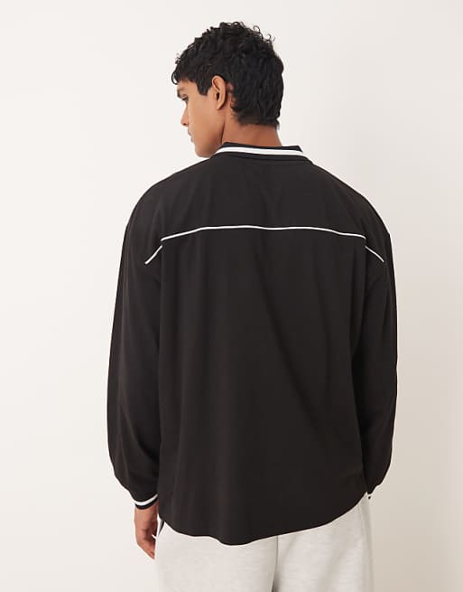 DESIGN Oversized Sports Polo With Piping Detail In Black