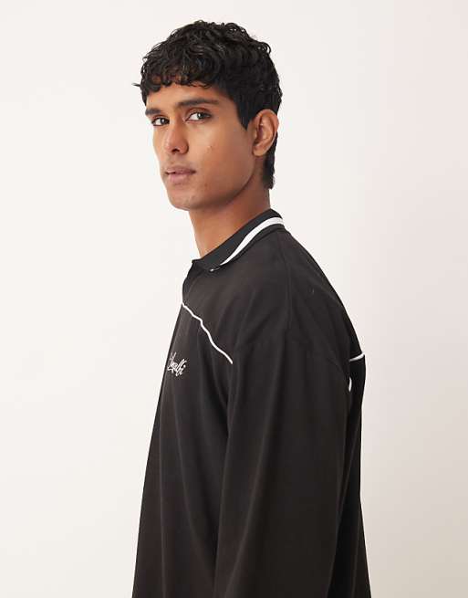 DESIGN Oversized Sports Polo With Piping Detail In Black
