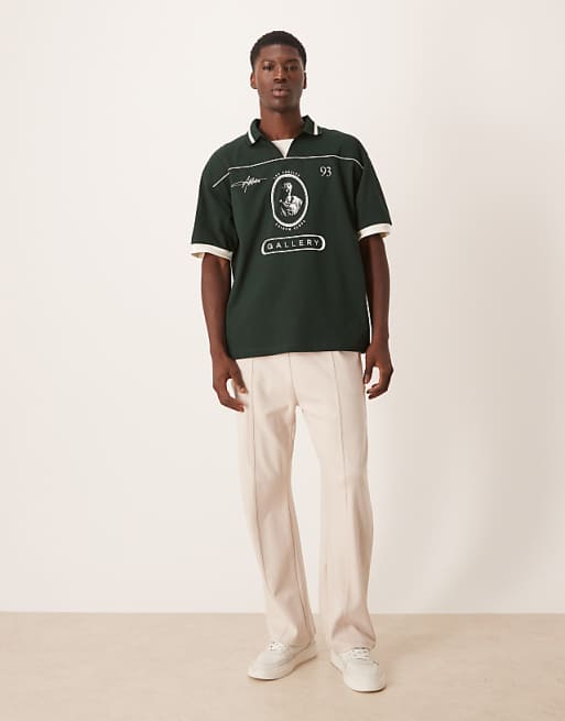 DESIGN Oversized Sports Polo With Piping Detail In Dark Green
