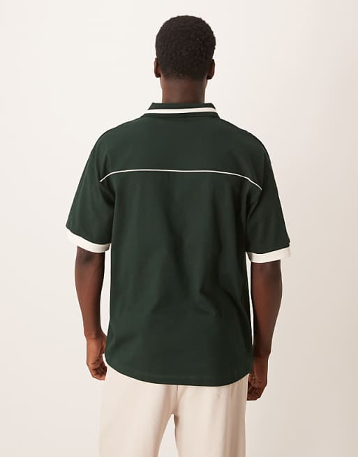 DESIGN Oversized Sports Polo With Piping Detail In Dark Green