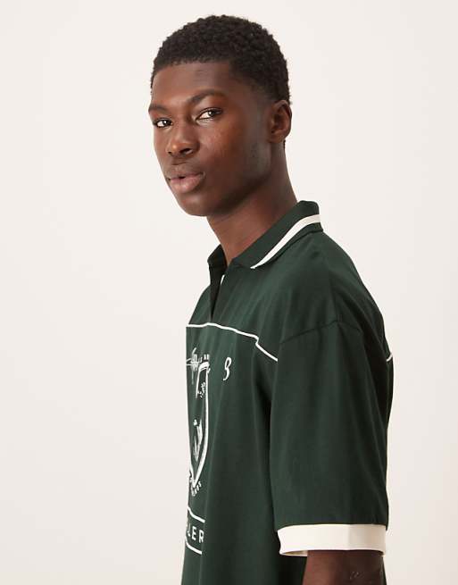 DESIGN Oversized Sports Polo With Piping Detail In Dark Green